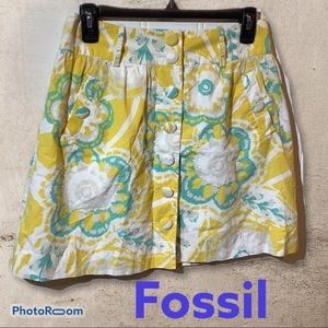 Fossil Lined Yellow, Sea-Green, & White Floral Button Down Skirt Size 2